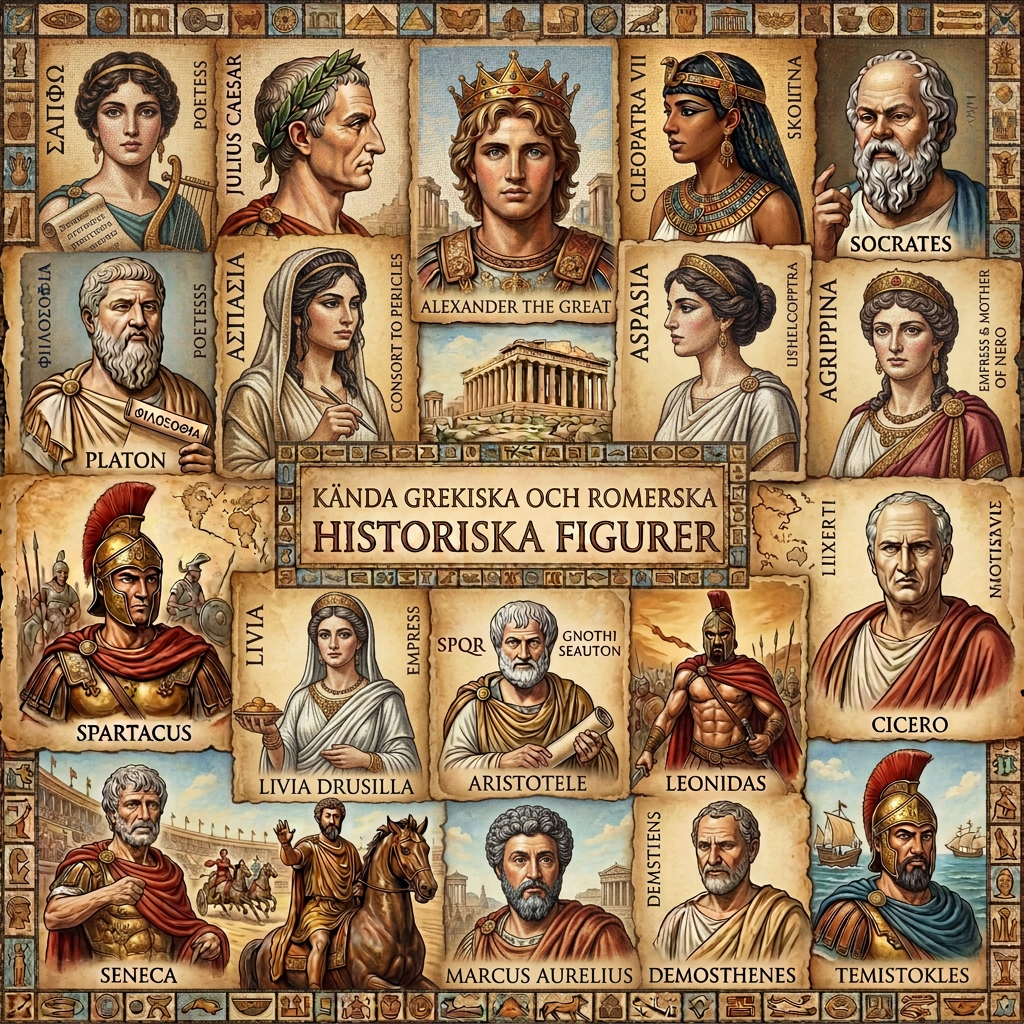 Illustrated portraits of ancient historical figures including Alexander the Great, Julius Caesar, Socrates, Plato, Confucius, Qin Shi Huang, and others