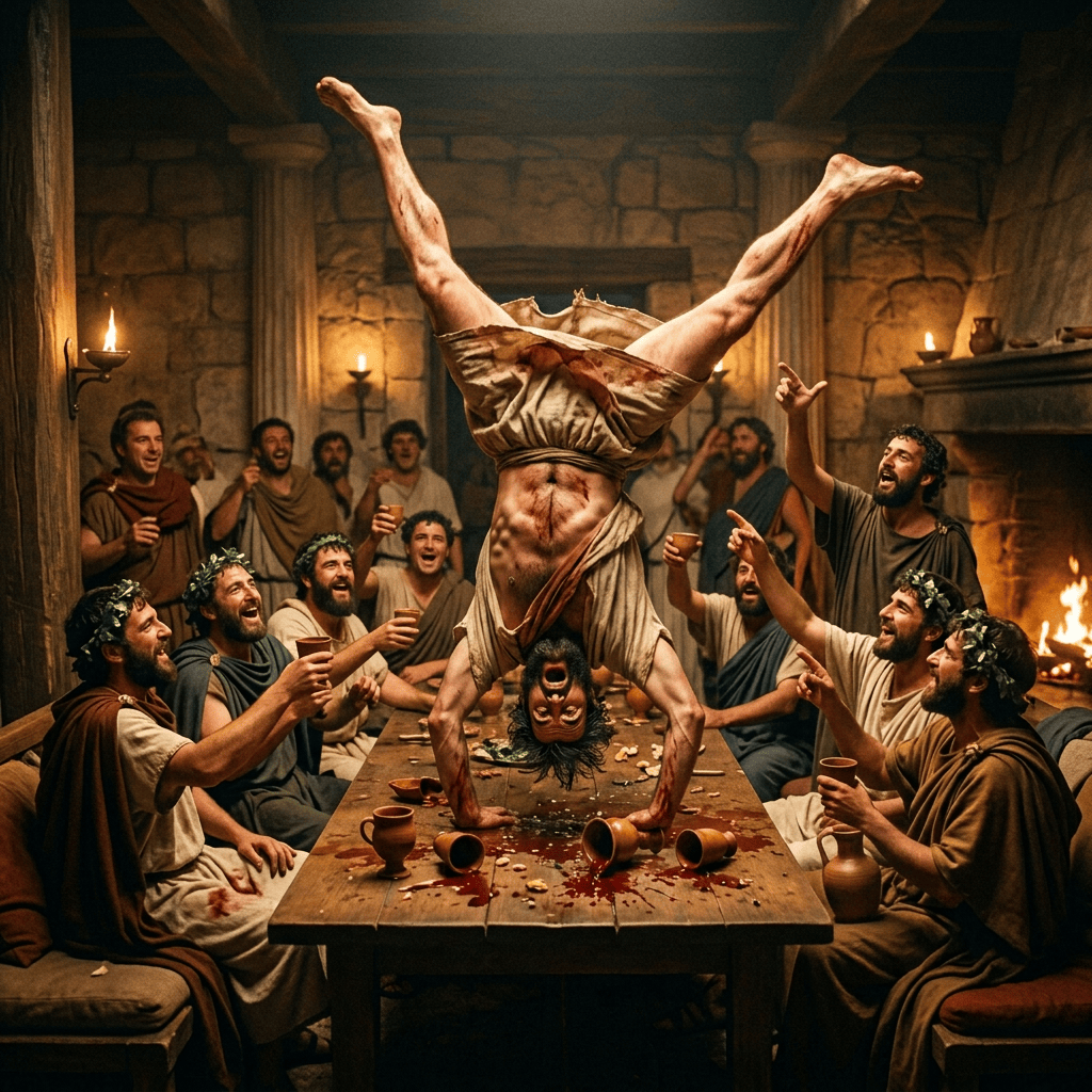 Bearded man dances on a feast table as revelers cheer